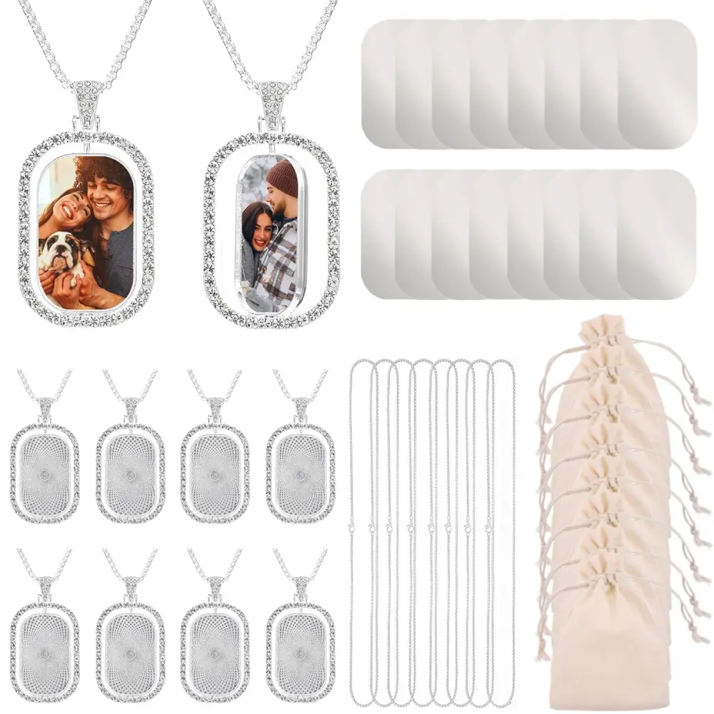 Women's Elegant 40-Piece Customizable Pendant Necklaces Set - Silvery Zinc Alloy Double-Sided Trays, Thick Chains, Rhinestone Bling, Unisex Sublimation Jewelry, Birthday/Wedding Gifts with Storage Case