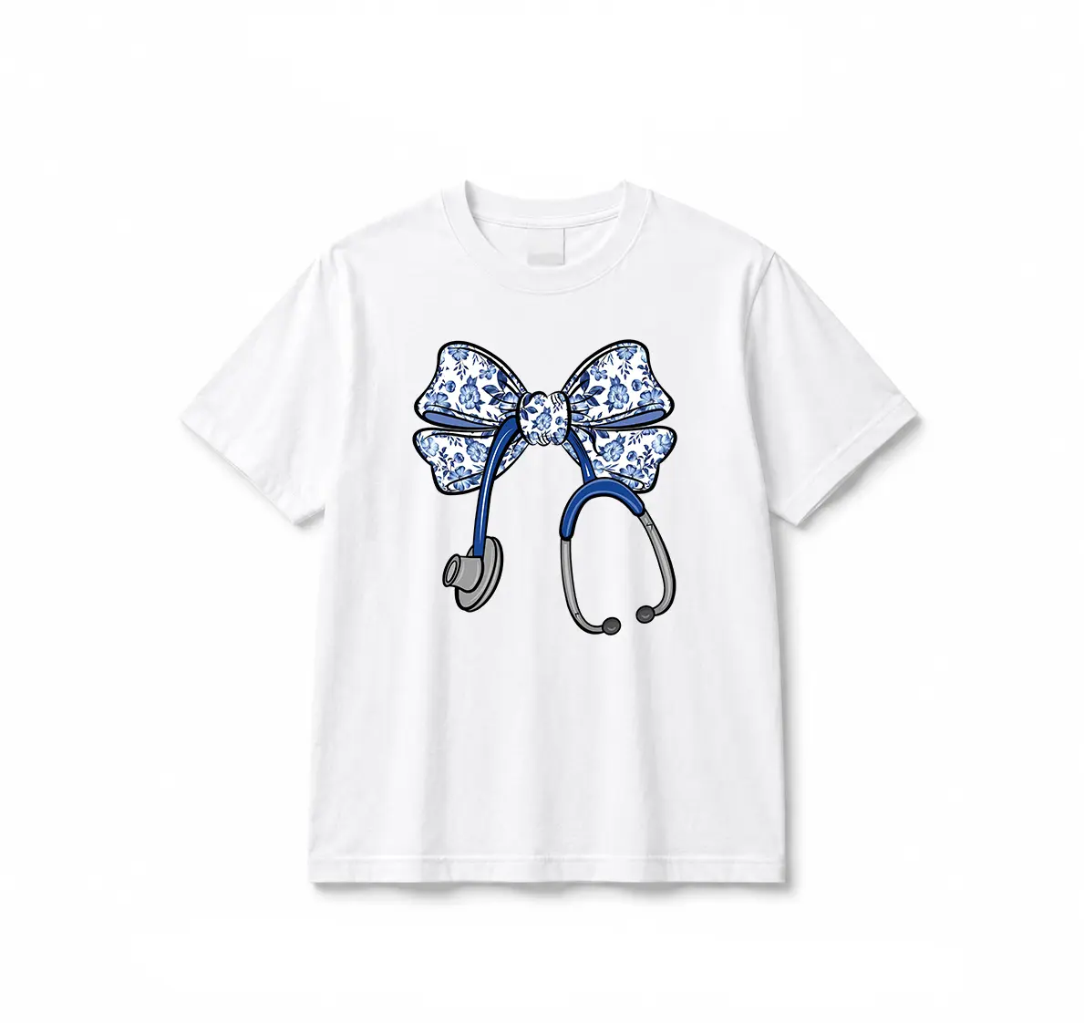 Women's Nurse Bow Short-Sleeve - Coquette Ribbon Floral Design, Everyday Tops Gift for Nurses