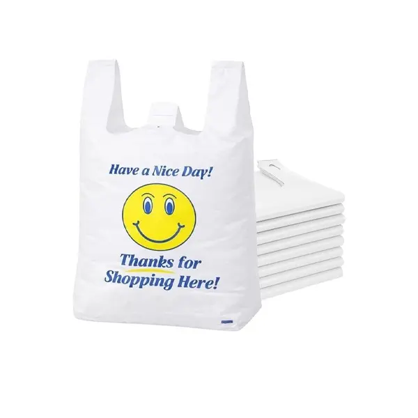EcoCentral Plastic Thank You T-Shirt Bags with Smile Face, 6 x 3 x 11 Inch, for Grocery, Shopping, Gift, with Handle