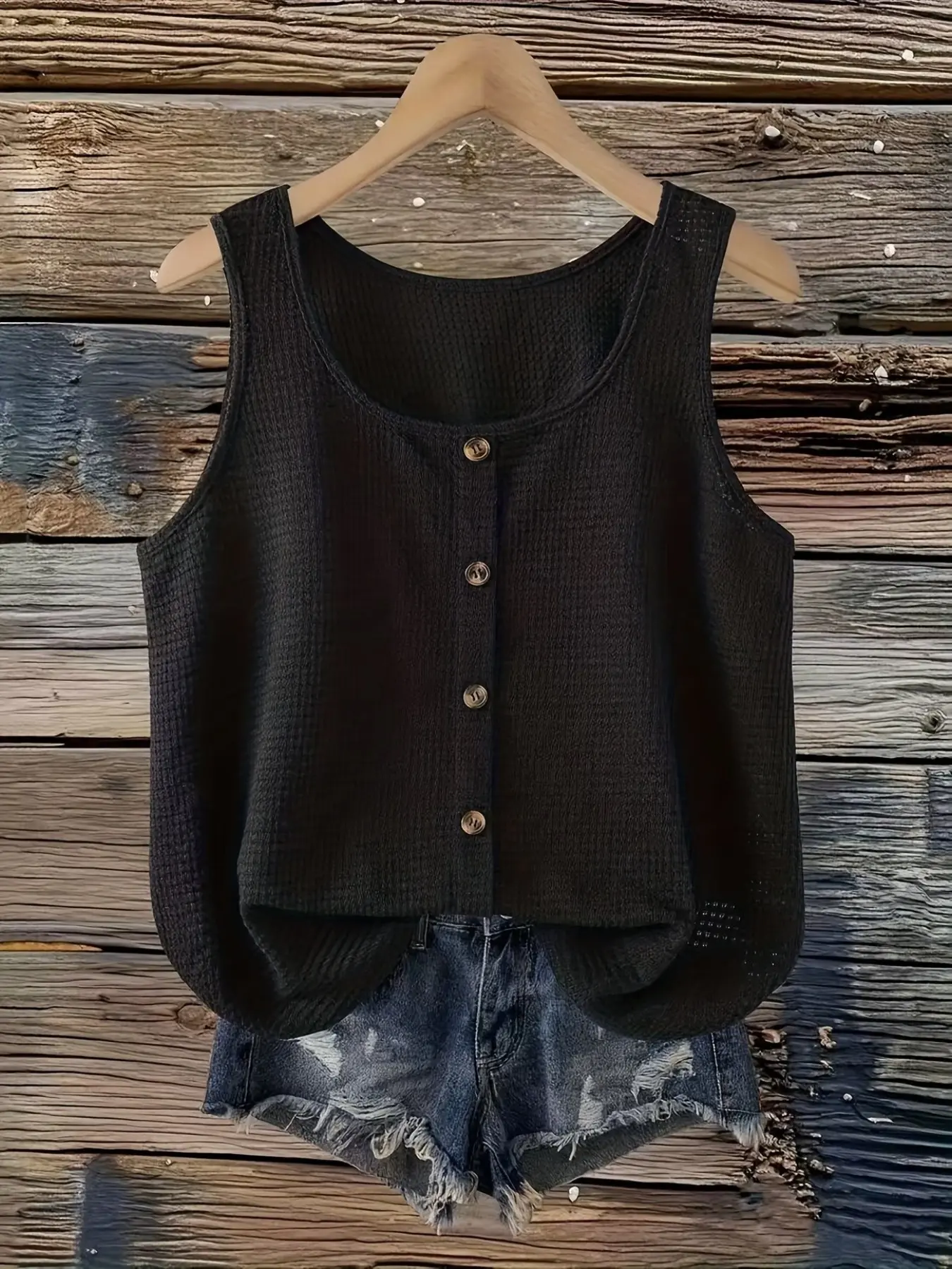 Waffle-Knit Sleeveless Button Tank Top Plus Size Casual Loose Fit Tops, Elegant Sleeveless Top, Soft Breathable Fabric, For Summer Outfits, Stylish Textured Detail Party Casual Top, Camisole Tank Tops