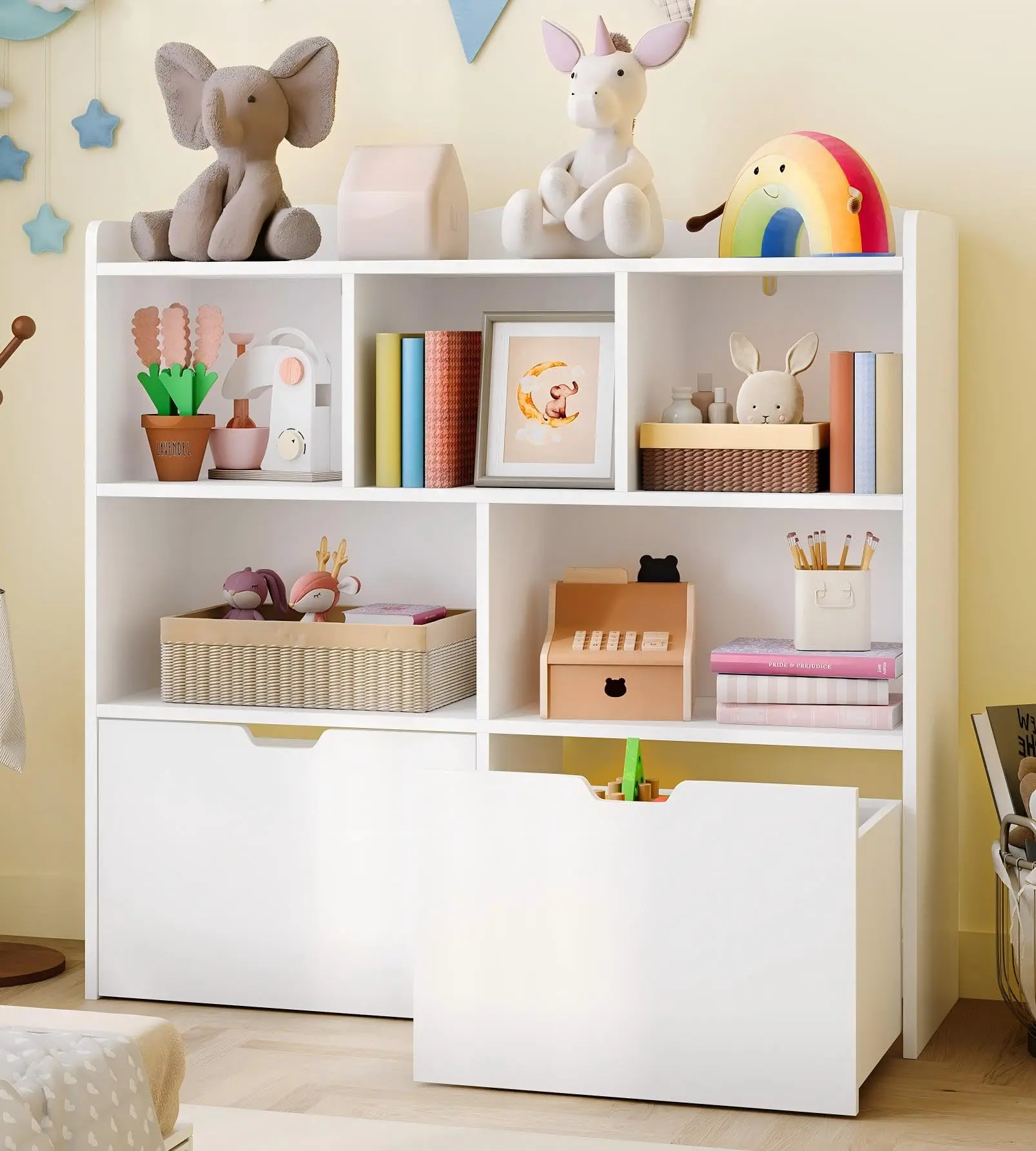 White-Normal Drawer Toy Storage Organizer with Movable Drawers, Kids Bookshelf with Hidden Wheels and 5 Open Cubbies, Multifunctional Floor Storage Chest for Playroom