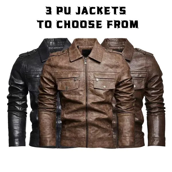 Men’s vintage military-style PU leather jacket with multiple button chest pockets, slim-fit windproof motorcycle jacket suitable for daily commuting, motorcycling, and streetwear.