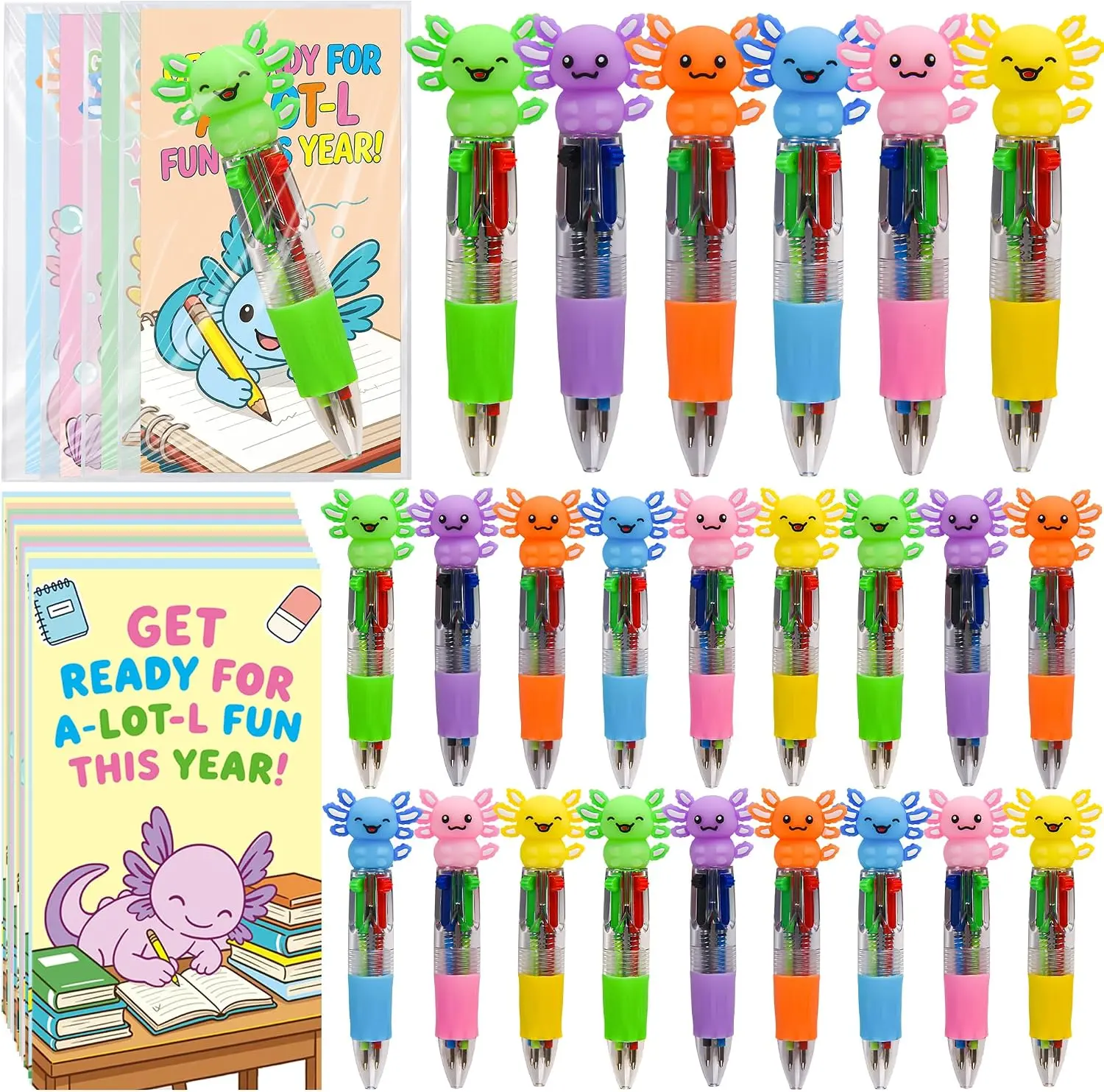 24-Set 4-in-1 Axolotl Pens with Welcome Cards, Office Stationery, Back to School Essentials, Bulk Student Gifts