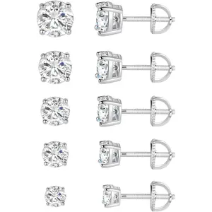 MDFUN 5 Pairs Classic Screw-Back Square & Round CZ Stud Set  Secure Sparkly & Unisex