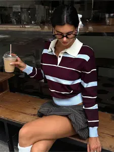 Women's Blue Striped Long Sleeve T-Shirt, Casual Fitted Style, Comfortable Vintage Look, All Seasons Everyday Wear, Outdoor & Commute