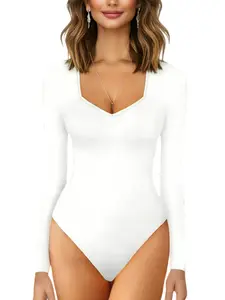 1/2/3 Counts Women's Solid Square V Neck Long Sleeve Thermal Basic Jumpsuit, Fashion Bodysuit, Stretchy Bodysuits, Breathable and Skin-Friendly Slim-fit Cute Tops,Sexy Shirts, Ladies Warm Loungewear, Y2K, Suitable for Matching Clothes
