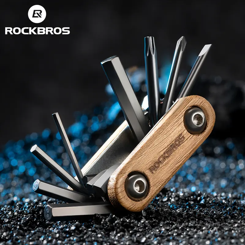 ROCKBROS 8-in-1 Cycling Multi-Tool Kit, Compact Folding Alloy Steel Tool with Rosewood Grip, Adjustable Tension for Road & Mountain Bikes, Portable for Small Bags