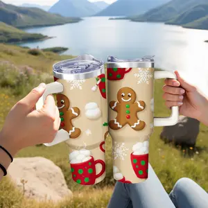 Stainless Steel Travel Mug with Handle - Beige Color - Gingerbread Man and Christmas Cup Pattern - Outdoor Camping, Picnic, Holiday Gift Use