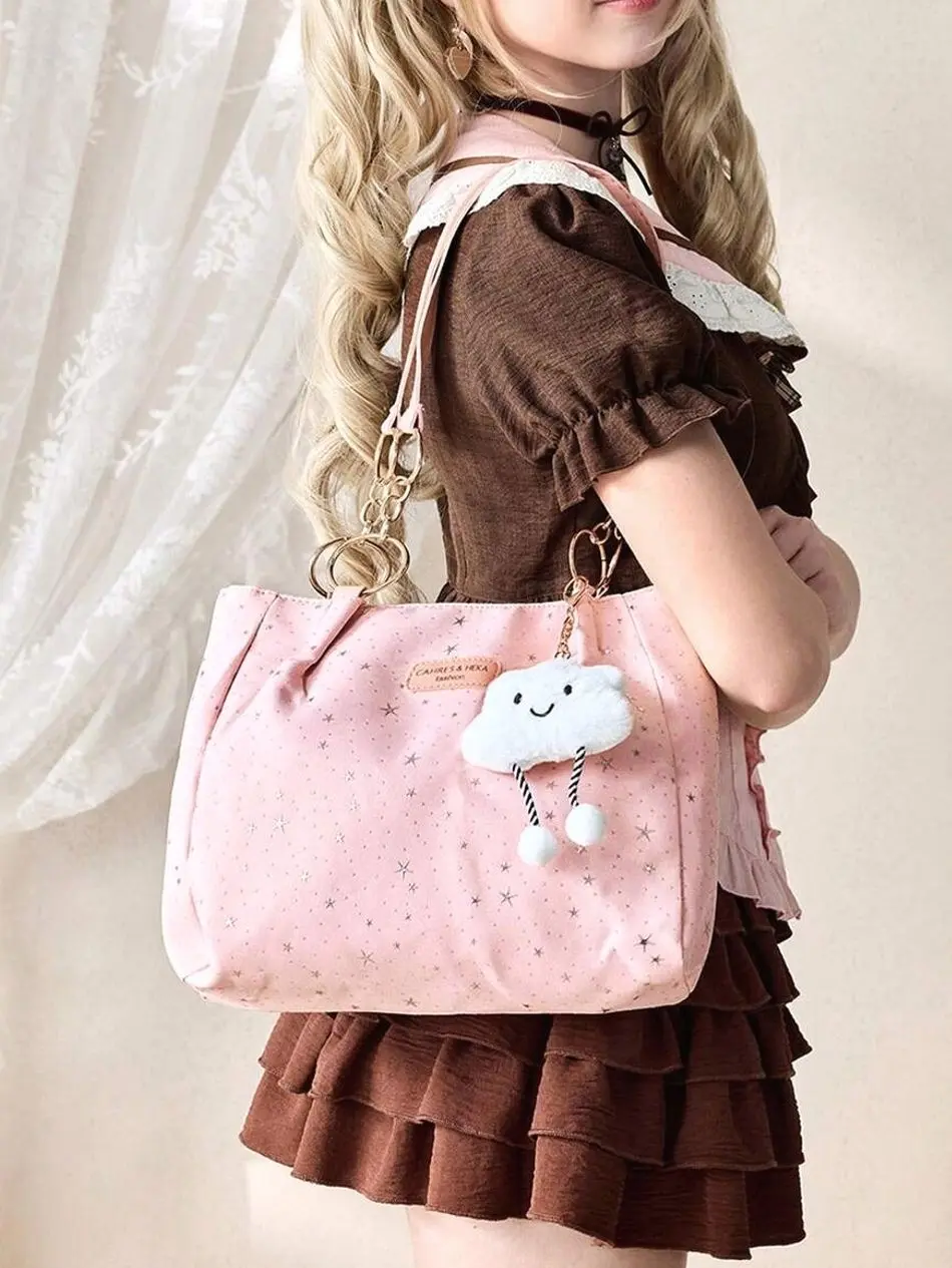 Women’s Pink Star Print Tote Bag with Cloud Plush Charm, Large Y2K Shoulder Handbag, Cute Coquette School Travel Everyday Purse