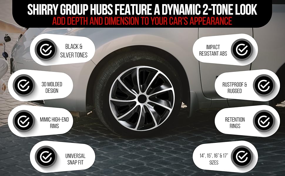 Universal Wheel Covers Set of 4, Snap-On Hubcaps for Steel Rims, Car Wheel Rim Covers Black and Silver