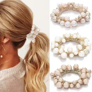 Pearl Hair Scrunchies for Women and Girls, Stretchy Elastic Ponytail Holders with Elegant Faux Pearl Design, Soft Strong Hair Ties for Thick Thin Curly Straight Hair, Fashion Hair Accessories for Daily Wear Party Wedding