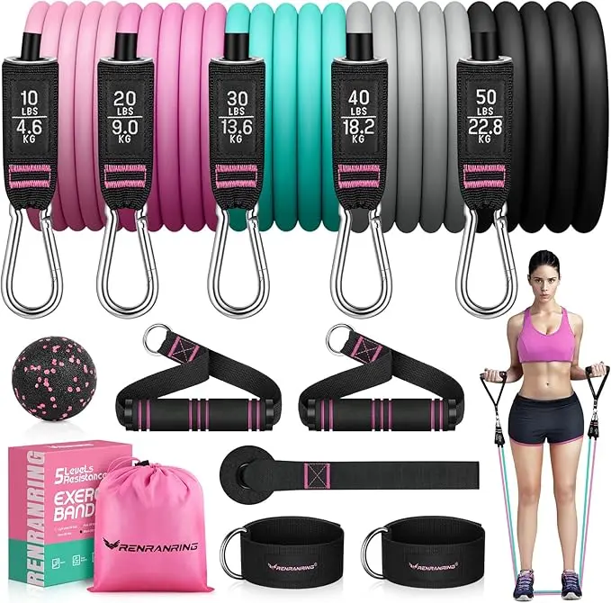 RENRANRING Resistance Bands Set with Handles & Ankle Straps, 150LBS Heavy Duty Exercise Bands for Home Gym, Yoga, Daily Training & Gift