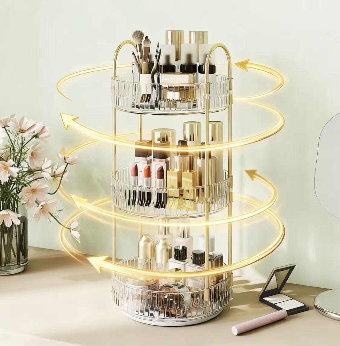 360° rotating makeup organizer, large acrylic cosmetic storage, dustproof & stackable. Perfect for cosmetics, perfumes, skincare and lipsticks. Ideal gift for girls and moms.