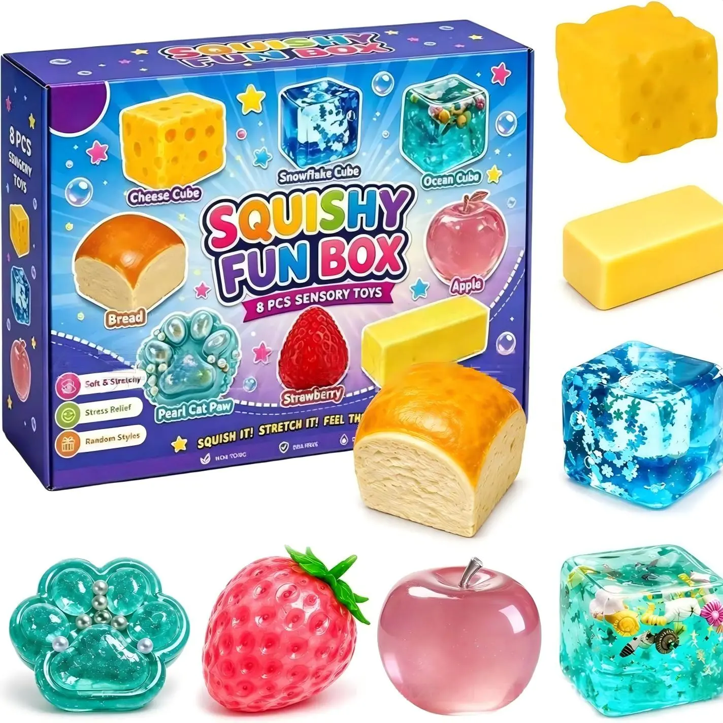 8-Piece Squishies Toys Pack, Box of Squishies, Malt Sugar Slow-Return Sensory Fidget Toys, Stress Relief Bundle, 8 Different Styles Party Gift