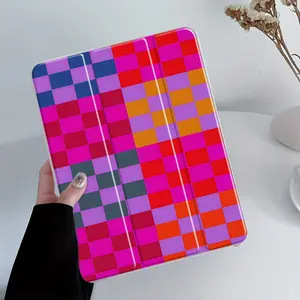 Neon Pink Checkered iPad Case, Tablet Accessories, Tablet Cover, Tri-Fold Stand Case for iPad, Transparent Acrylic Hard Back, Y2K Color Clash Pencil and Charger Slots, Ultra-Thin Scratch-Resistant Design for iPad 10.2inch, Mini, Ideal for Work and School