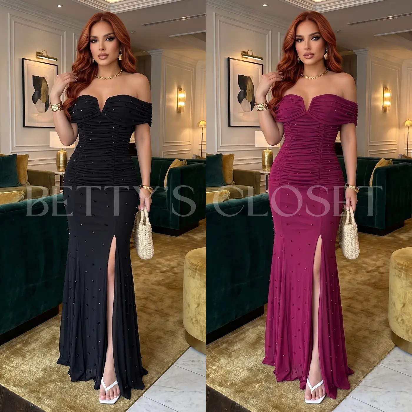 Olivia Off Shoulder Mermaid Maxi Gown w/ Pearls