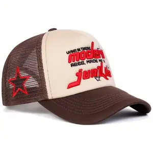 Mens Modern Junkie Cap Brown & Beige Trucker Hat with Red Star Embroidery Adjustable Fit for Casual Outings