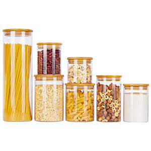 Glass Food Storage Jars, 7 Pack Kitchen Containers with Airtight Bamboo Wooden Lids for Pasta, Cookies, Nuts, Coffee Beans, Cereal, Canisters Set for Flour, Pantry Organization, BPA Free
