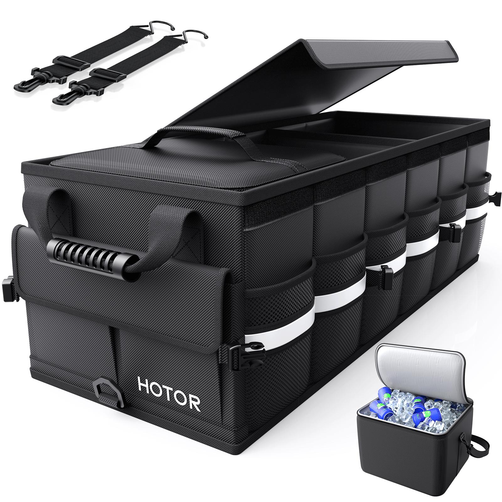 3 Compartment Car Trunk Storage Organizer Medium, Black Foldable Trunk Organizer with Lid and Removable Cooler Bag, Portable Storage Box for Groceries, Sports Gear and Tools, Durable Car Organizer for SUV, Truck and Daily Travel Use