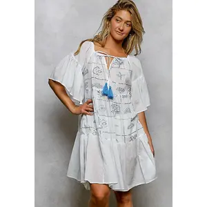 POL Tied Tassel Embroidery Half Flared Sleeve Mini Dress