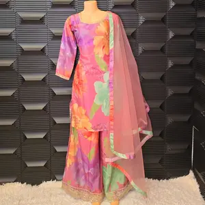 Brand Name - Silk Fabric Third Work and Print, Long-Sleeved Top with Floral Print and Matching Outfit in Pink size 38