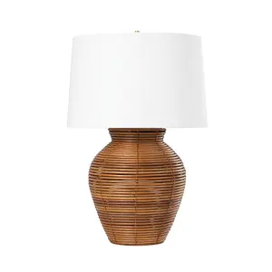 Newark Table Lamp with Natural Rattan Base and White Belgian Linen Shade - Coastal Charm