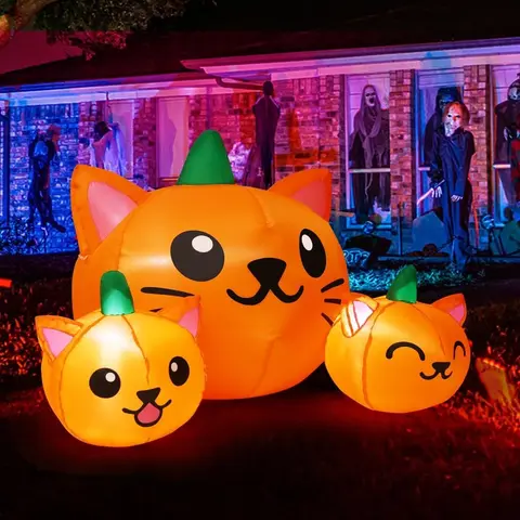 COMIN Halloween Inflatable 5FT Long Three Pumpkin Cat Head Combo with Built-in LEDs, Blow Up Yard Decoration for Holiday Party Indoor, Outdoor, Yard, Garden, Lawn