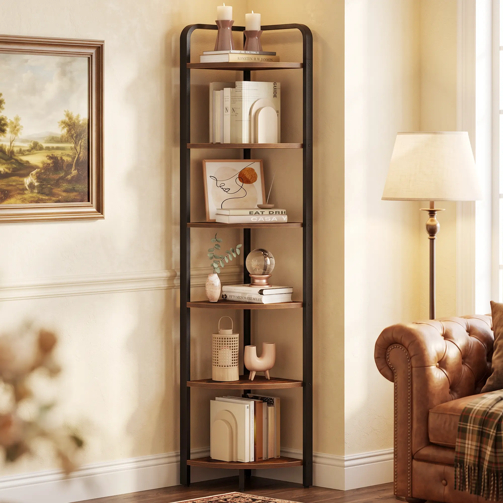 Hzuaneri Corner Shelf Stand, Corner Bookshelf, Plant Shelf, Corner Display Rack, Standing Shelf with Metal Frame for Living Room, Bathroom, Kitchen, Industrial Style, 6 Tier