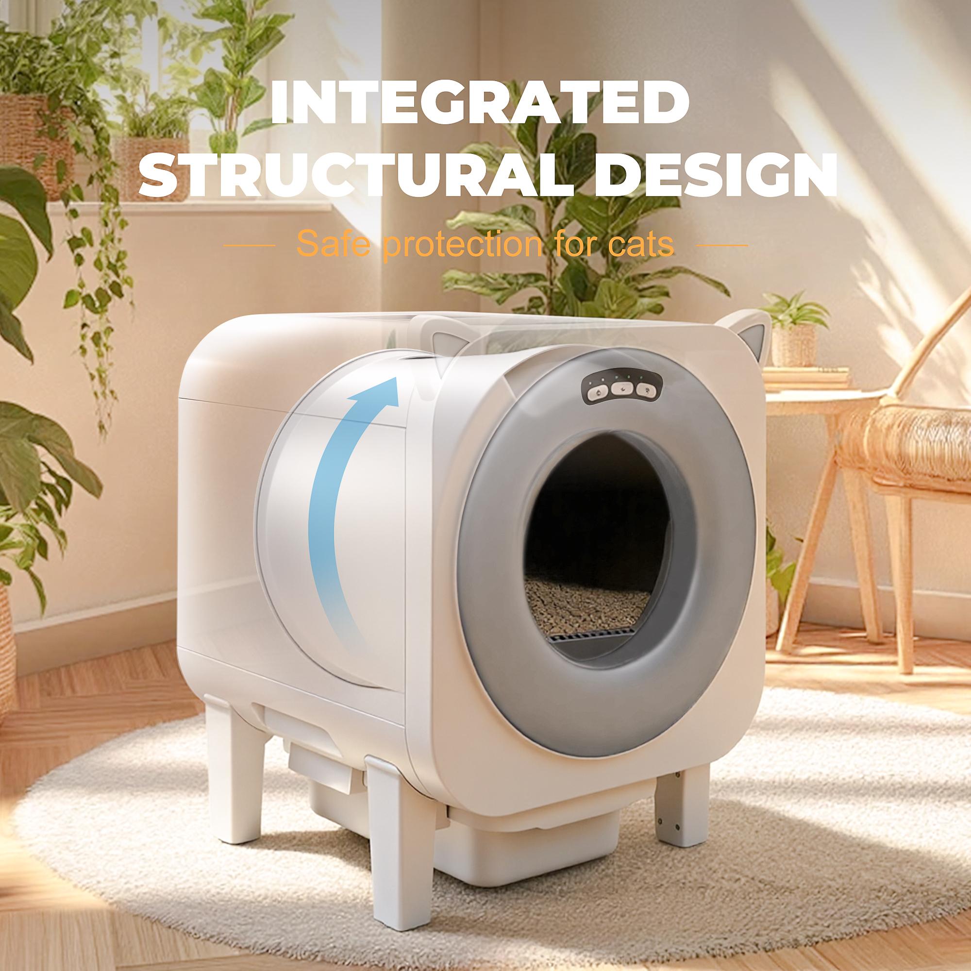 65L large-capacity smart automatic cat litter box, accommodates up to 8 kg large cats, 10 L waste collection bin, app-controlled remote operation, odor control and antibacterial features, one-touch smart litter replacement