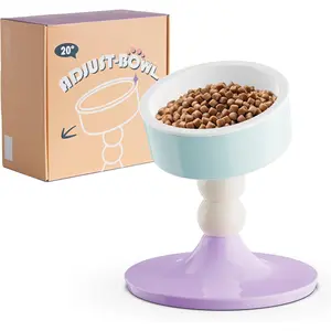 Ceramic Elevated Raised Cat Bowls, 3 Heights Adjustable Stand for Indoor Cats and Small Dogs, 15° Tilted Food Feeding Dishes, Adjusts to 4.69" 5.98" 7.28" Pink & White