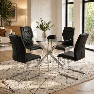 35.5" Diameter Round Glass+Metal Dining Table Set of 4, Modern Minimalist Indoor Furniture - Silver-Legged Table, Black Diamond Quilt Chairs, Easy Setup for Home Kitchen