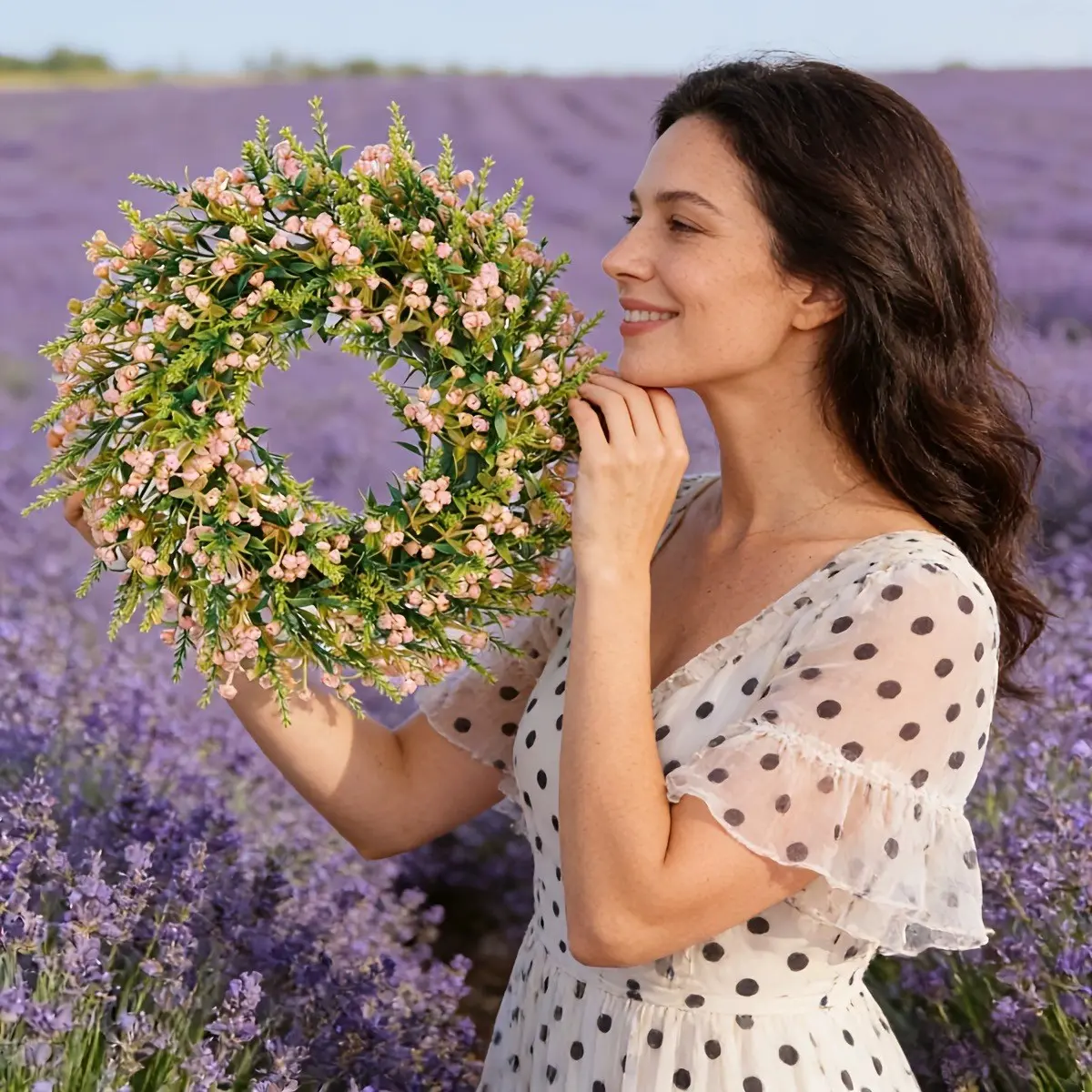1pc Artificial Lavender Wreath, Plant Decorative Hanging Ornament, Home Garden Fence Door Decoration, Indoor Outdoor Use, Artificial Hanging Flowers
