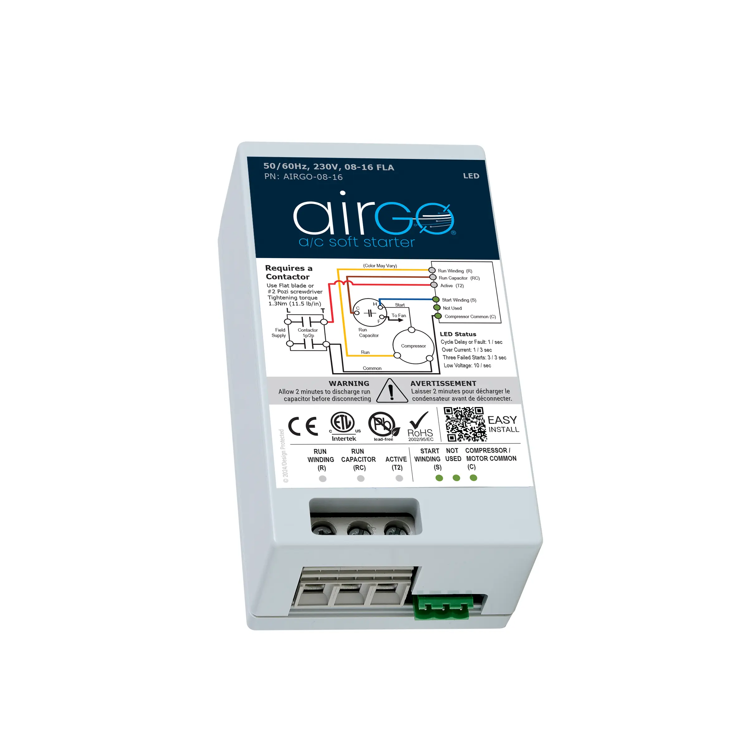 AIRGO AC Soft Starter. Proprietary Reverse Motor Protection for utility and/or generator power, Easy DIY Install - wire kit included, Install inside AC with Smallest Soft Start available. (08-16A)