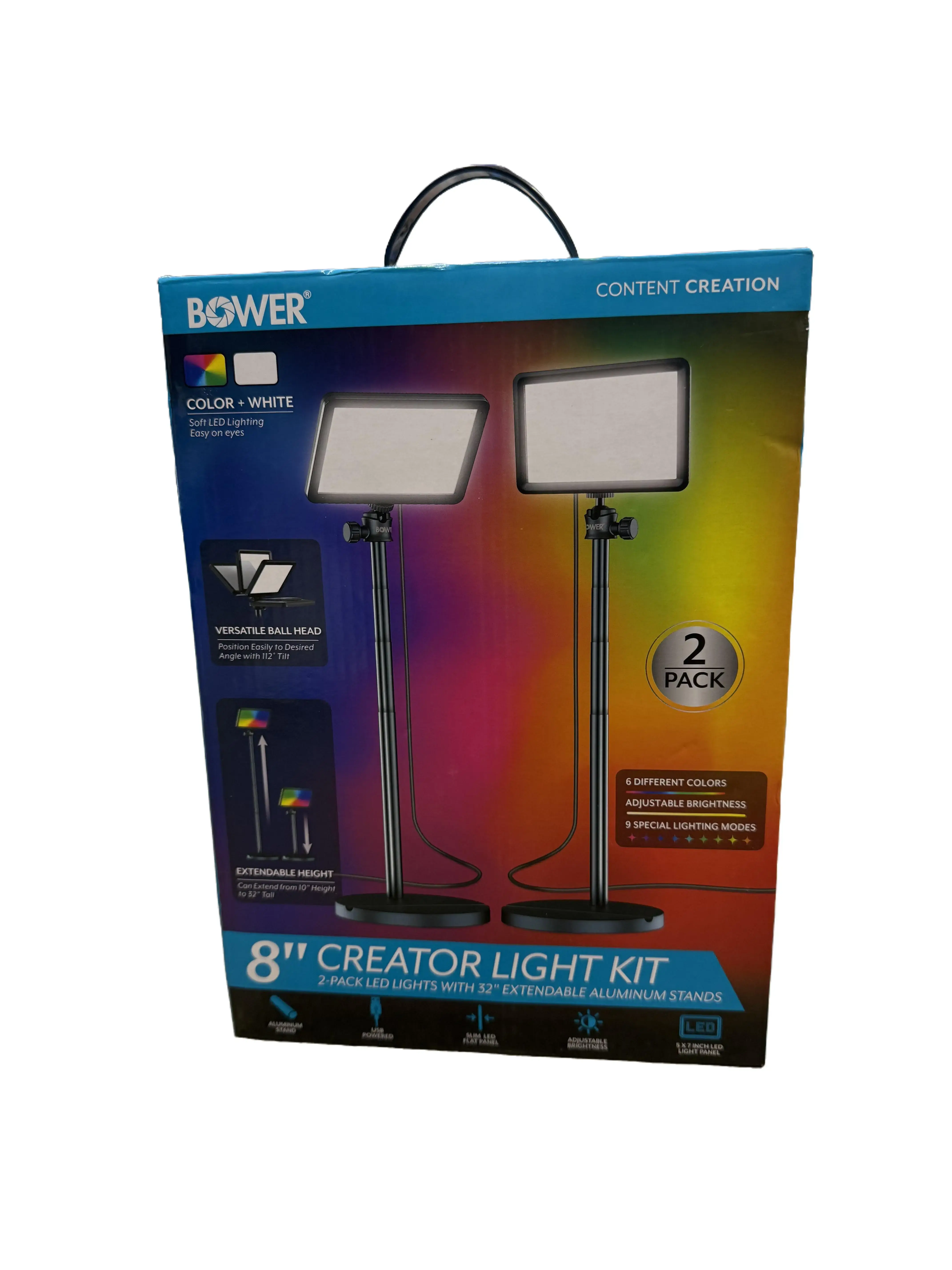 Bower 8" Creator LED RGB Light Kit 2-Pack with 32" Extendable Aluminum Stands for Content Creation RGB Lighting Versatile Positioning