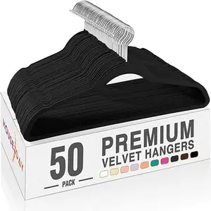 Velvet, Non-Slip Suit Clothes Hangers, Black/Silver - Pack of 50