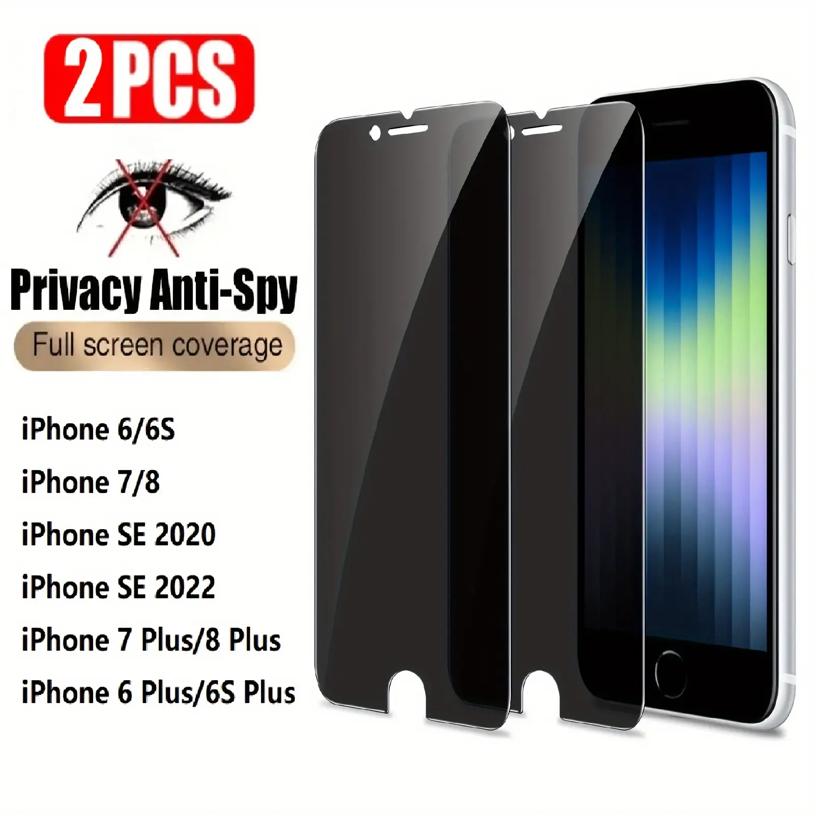2 Pcs Tempered Glass Privacy Screen Protector for Smartphone iPhone 6/6S/7/8 Plus SE 2020/2022, High Responsive Anti-Spy Glossy Film, Full Coverage Display Guard Accessories