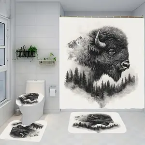 Forest Cow Pattern Bathroom Set, Includes Shower Curtain and Rug, Non-Slip Bath Mat, U-Shaped Toilet Lid Cover Pad, Casual Style