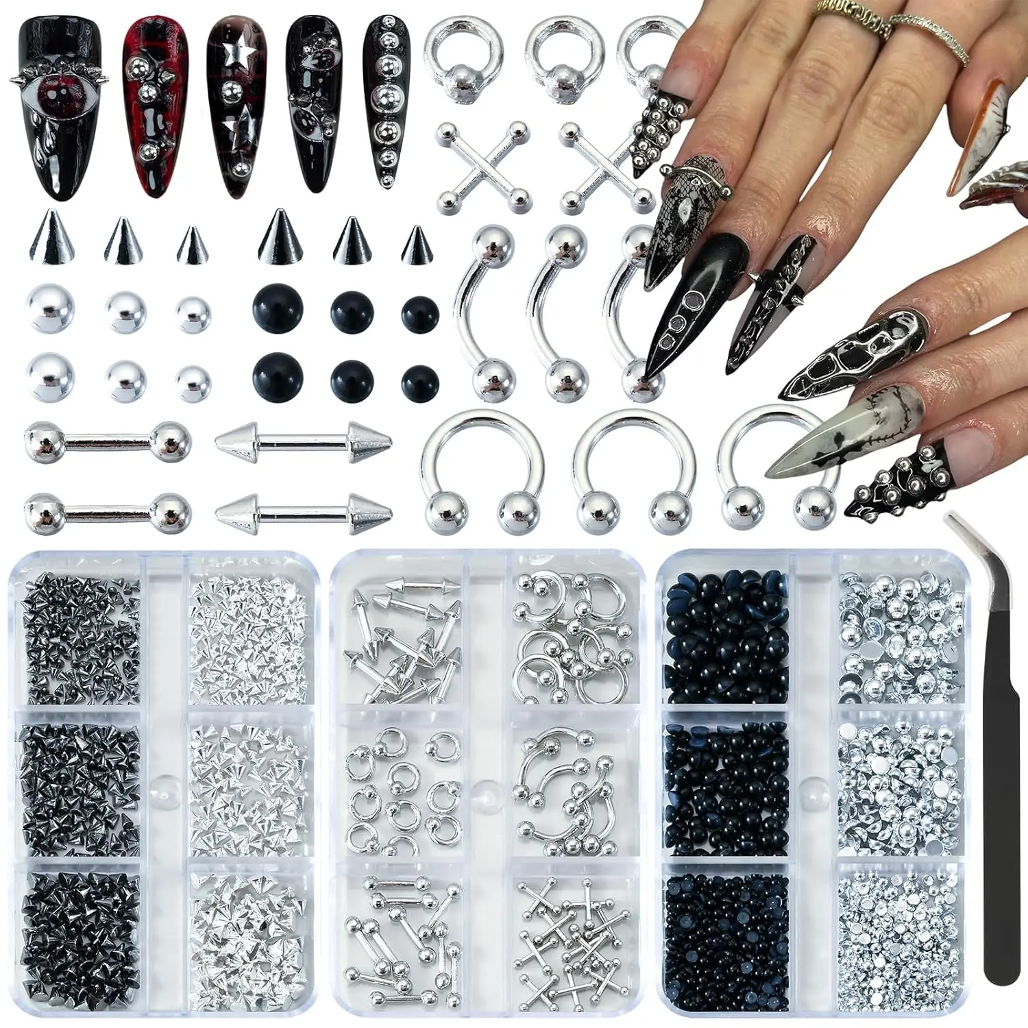 Halloween Fall Gift 3 Boxes Goth Nail Charms Metal Charms for Nails Studs Black Silver Punk Accessories