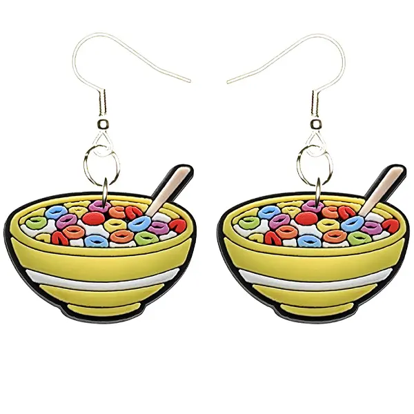 Cereal Bowl Earrings Hypoallergenic Silver Plated Fishhooks Yazzle Dazzle Cereal Spoon Breakfast Coffee Donut Food Cereal Eggs Bacon Banana Strawberry