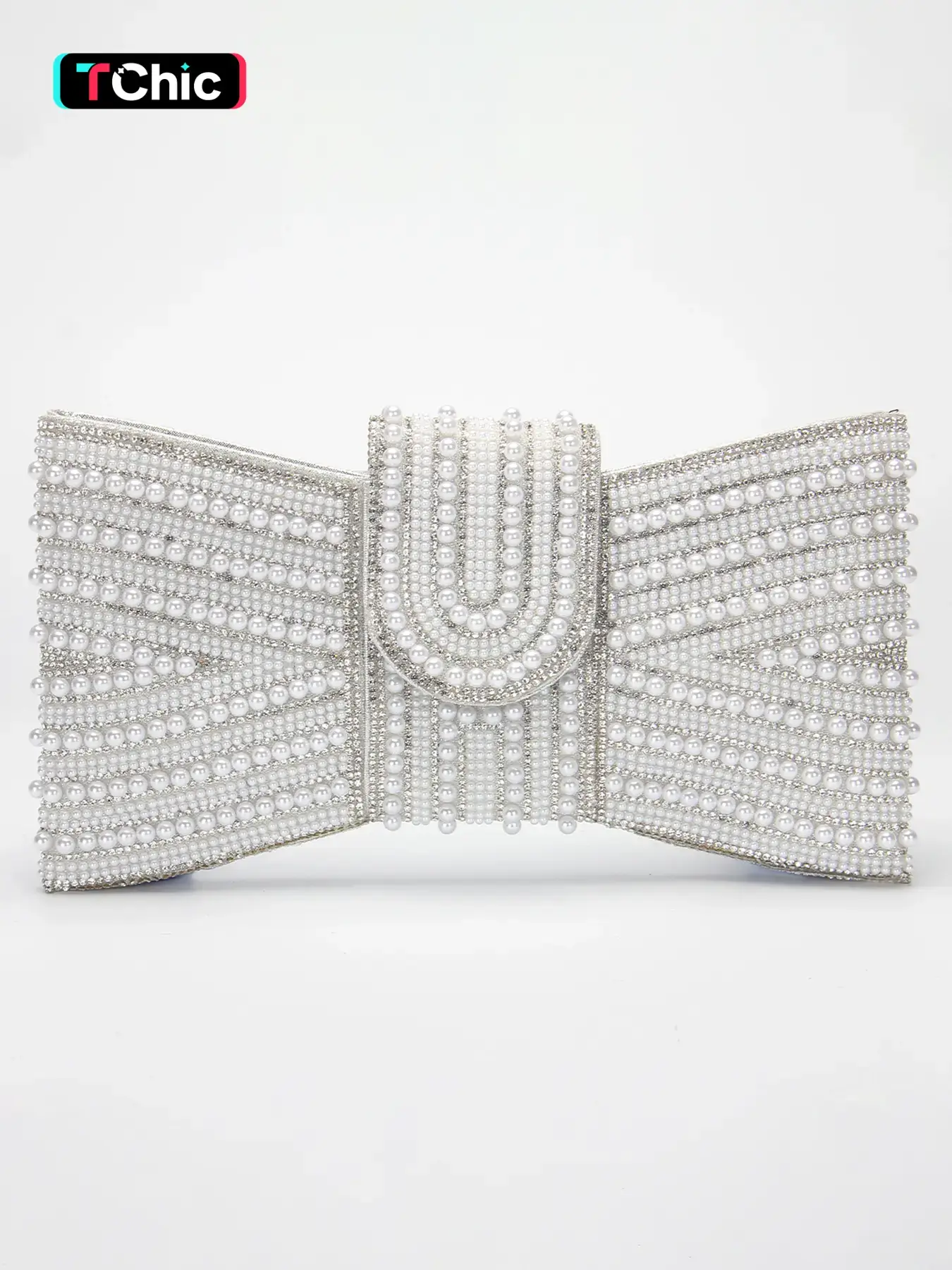 Bowknot Pearl Ladies Evening Bag, PU Clutch Bag, Fashionable Embellished Clutch, Bow Decorated Clutch, Hundreds of Short Chain Handbag with Long Chain Replaceable Shoulder Crossbody Bag, Suitable for Wedding, Party, Prom, Birthday, Elegant Stylish Purse