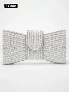 Bowknot Pearl Ladies Evening Bag, PU Clutch Bag, Bow Decorated Clutch, Hundreds of Short Chain Handbag with Long Chain Replaceable Shoulder Crossbody Bag, Suitable for Wedding, Party, Prom, Birthday, Elegant Stylish Purse
