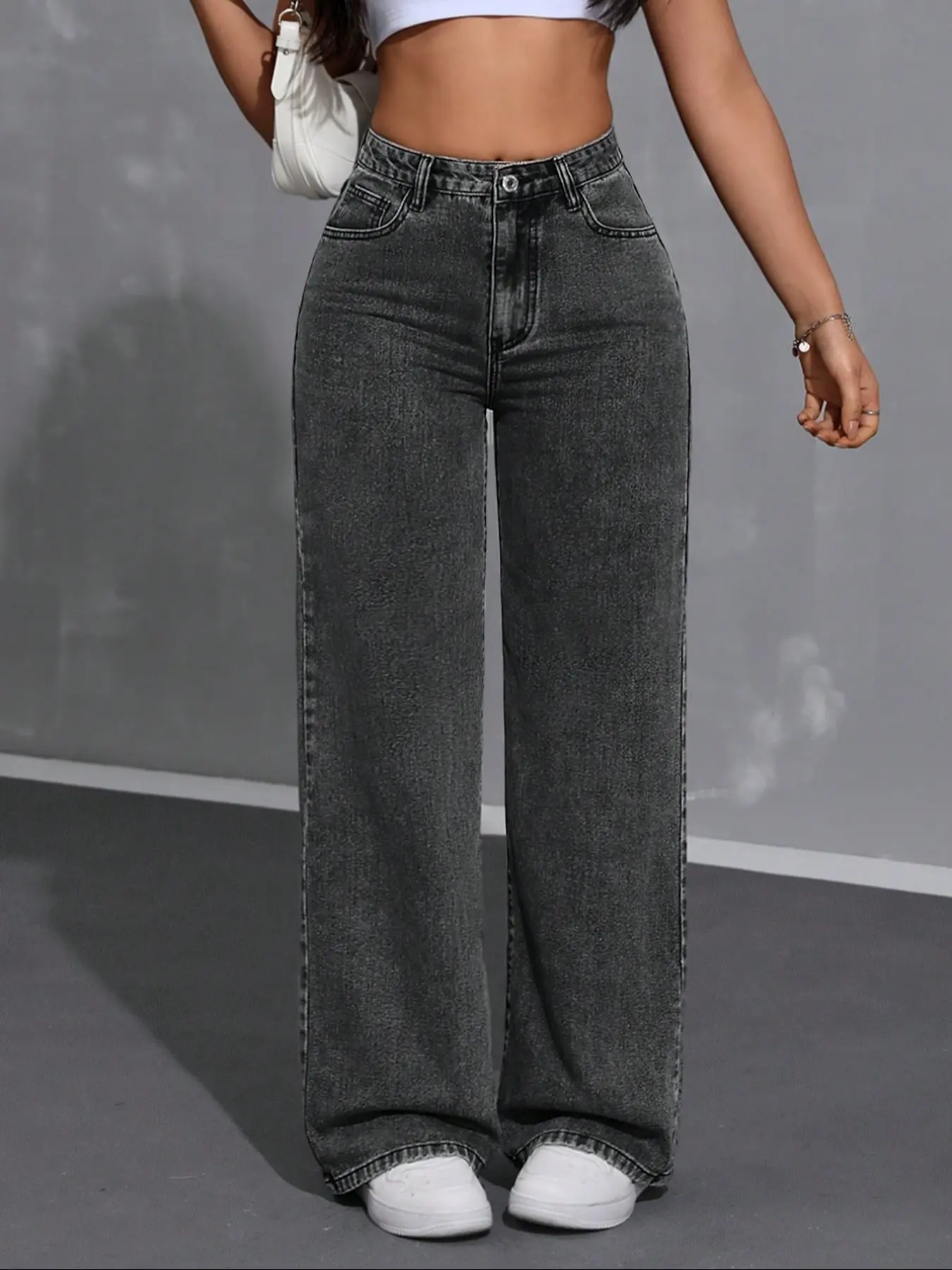 Women's High Waist Loose-Fit Denim Jeans Pants Bottoms, Breathable Casual Fashion Long Trousers, Fall & Winter Minimalist Style, Plain Pattern