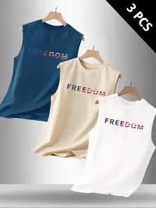Men's Summer Casual Sleeveless Vest, Letter Print Design, Outdoor Sports & Daily Wear, Pack of 3, Fitted Style, Modern Tank Top, Sleeveless Basic Tanks, Menswear