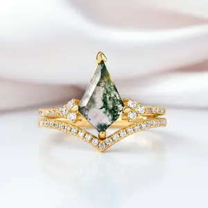 Kite Shaped Natural Moss Agate Promise Ring Set