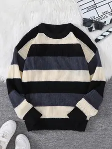 Men's Casual Classic Striped Knit Sweater, Fitted Long Sleeve Pullover, Round Neck Warm Top for Fall & Winter, Daily Wear Comfortable Fit
