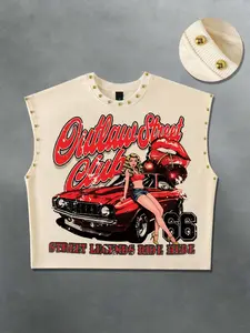 American Vintage Route 66 Graphic Print Rivet Sleeveless Fitted Tank Top, Street Outlaw Fashion, Casual Versatile Streetwear, No Zipper, No Button, No Collar