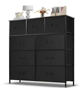 9 Drawer Dresser, Wide Chest Of Drawers Nightstand Storage Tower Storage Dresser Fabric Dresser With Wood Top for Living Room, Bedroom, Hallway, Black