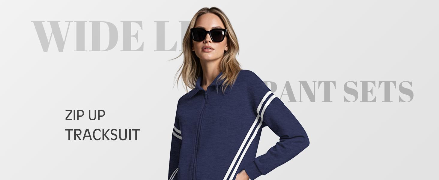 Casly Lamiit Women's 2 Piece Outfits Zip Up Sweatshirt Contrast Striped Wide Leg Sweatpants Suits Jogger Travel Matching Set Womenswear Long Sleeve Casual Clothes