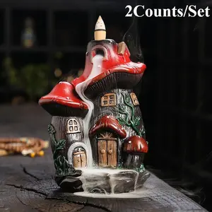 Mushroom House Design Incense Burner without Incense, 2 Counts/set Backflow Incense Holder, Creative Decor for Home Office Desktop