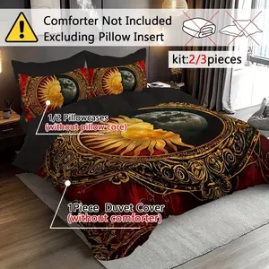 3pcs Sun Moon Pattern 2D Soft Flannel Digital Print Bedding Set (1 Fitted Sheet + 2 Pillowcases), No Core Fabric, Comfortable Skin-Friendly